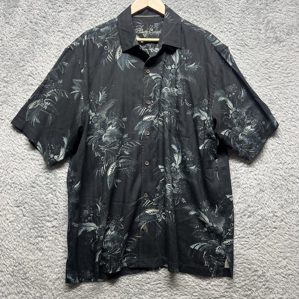 Tommy Bahama Camp Shirt Mens XL Black Silk Floral Hawaiian Tropical Button Up
